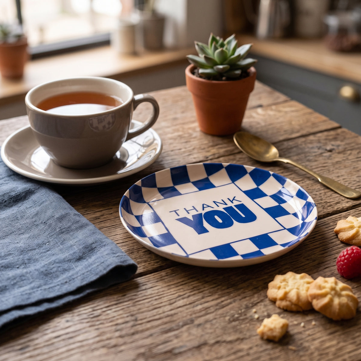 Tray - Metal - 'Thank You' - Round - Blue/ Pink - 12,5x12,5cm