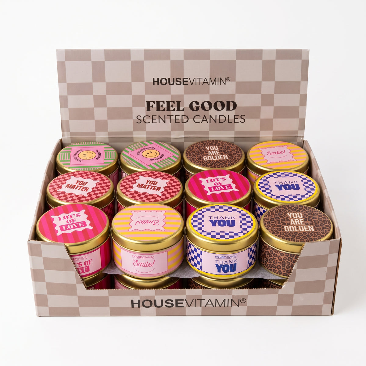 Scented Candle Display – 24 Feel Good Tin Candles – 23 x 30.5 x 21 cm
