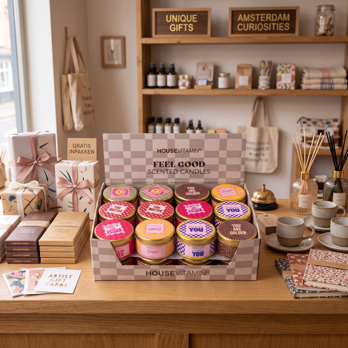 Scented Candle Display – 24 Feel Good Tin Candles – 23 x 30.5 x 21 cm