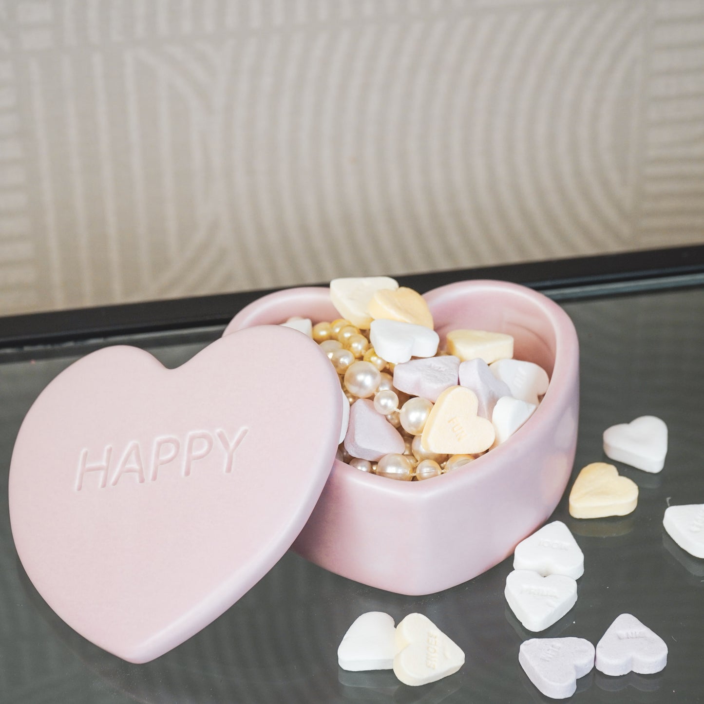 Deco Jar- Candy Heart 'HAPPY'- Light Pink- 12x11,5x6cm