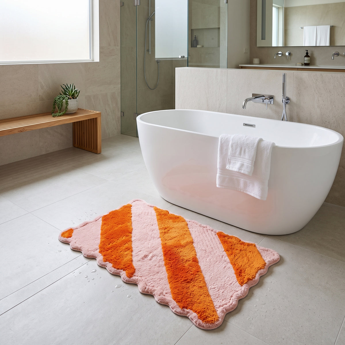 Bathmat - Striped - Lightpink/ Orange - 80x50x1 cm