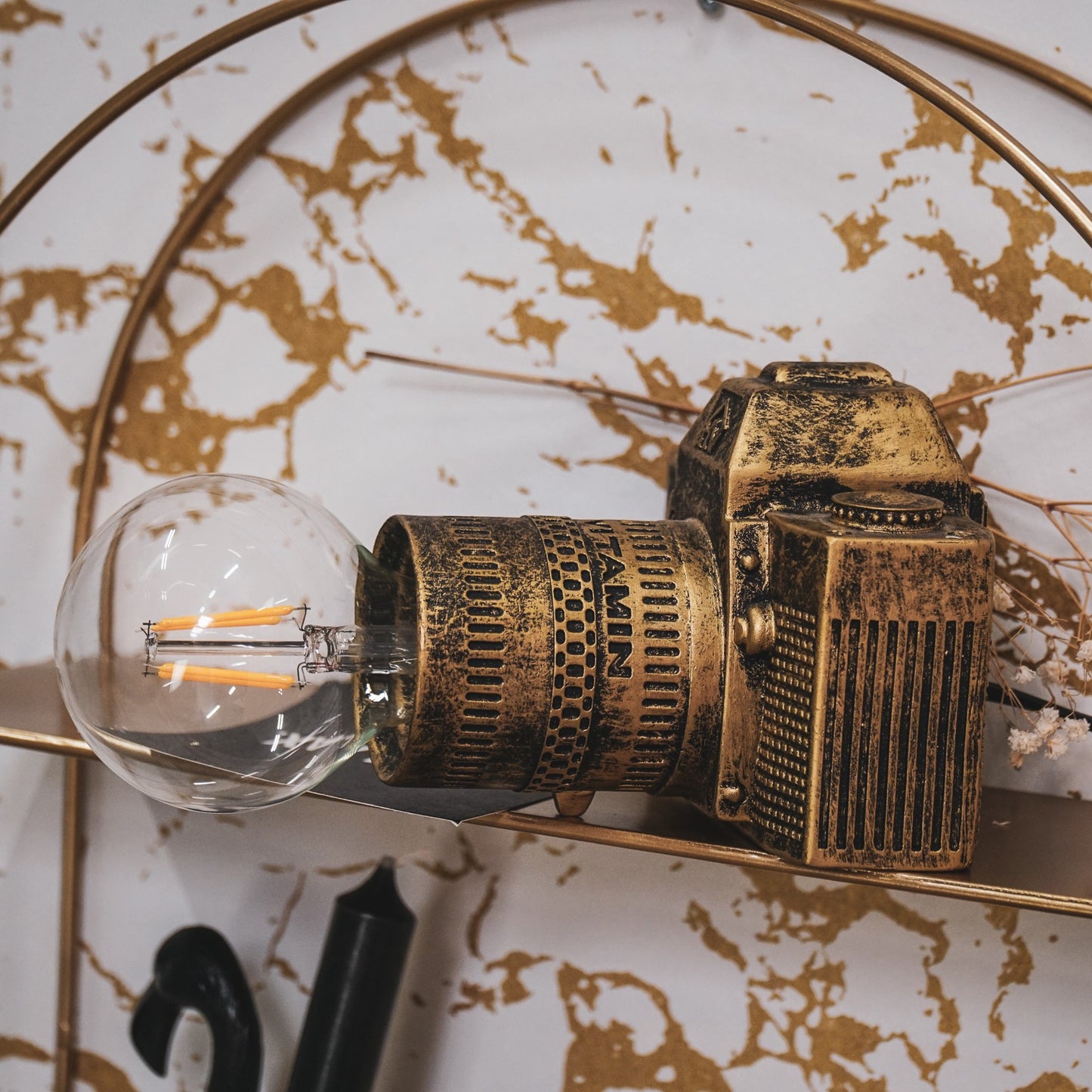 Table Lamp - Camera - Polyresin - Gold  - E27 - 15x12x14cm